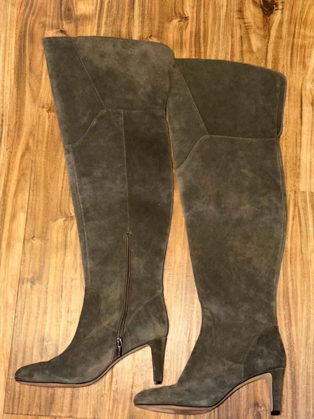 Vince Camuto women 9 Over the knee heeled boot suede leather grey olive armaceli